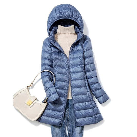Lange Damen Steppjacke mit Kapuze | Daunen