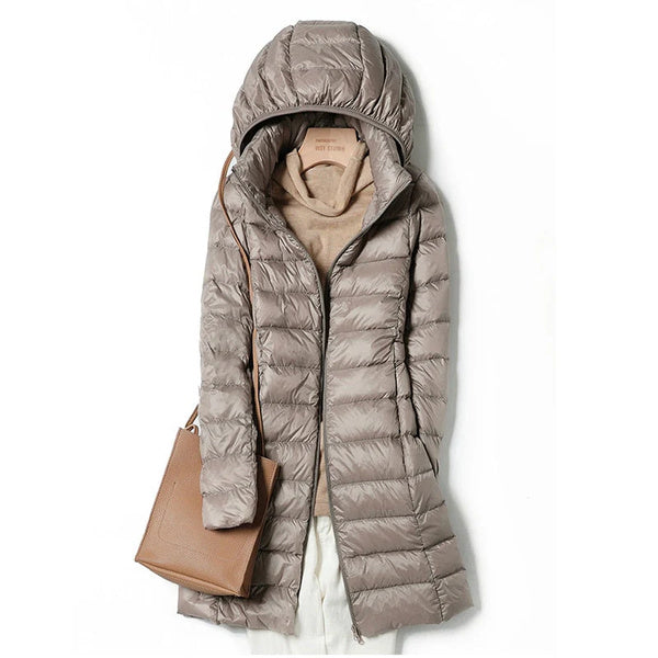 Lange Damen Steppjacke mit Kapuze | Daunen