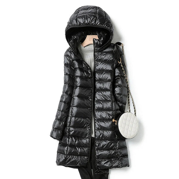 Lange Damen Steppjacke mit Kapuze | Daunen