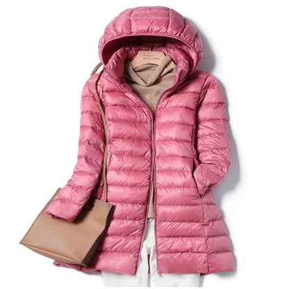 Lange Damen Steppjacke mit Kapuze | Daunen