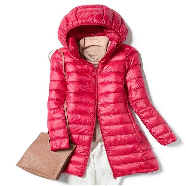 Lange Damen Steppjacke mit Kapuze | Daunen