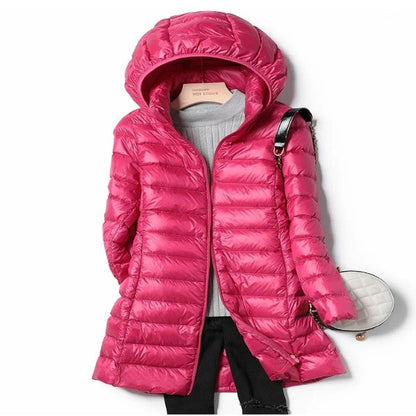 Lange Damen Steppjacke mit Kapuze | Daunen
