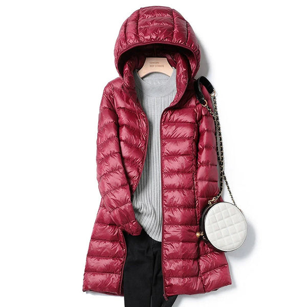 Lange Damen Steppjacke mit Kapuze | Daunen