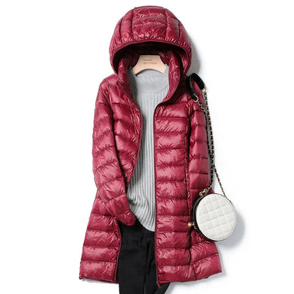 Lange Damen Steppjacke mit Kapuze | Daunen