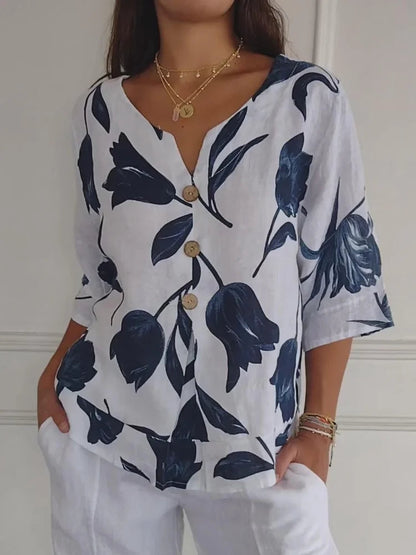 Bluse mit V-Ausschnitt, Knopfleiste und Blumenmuster