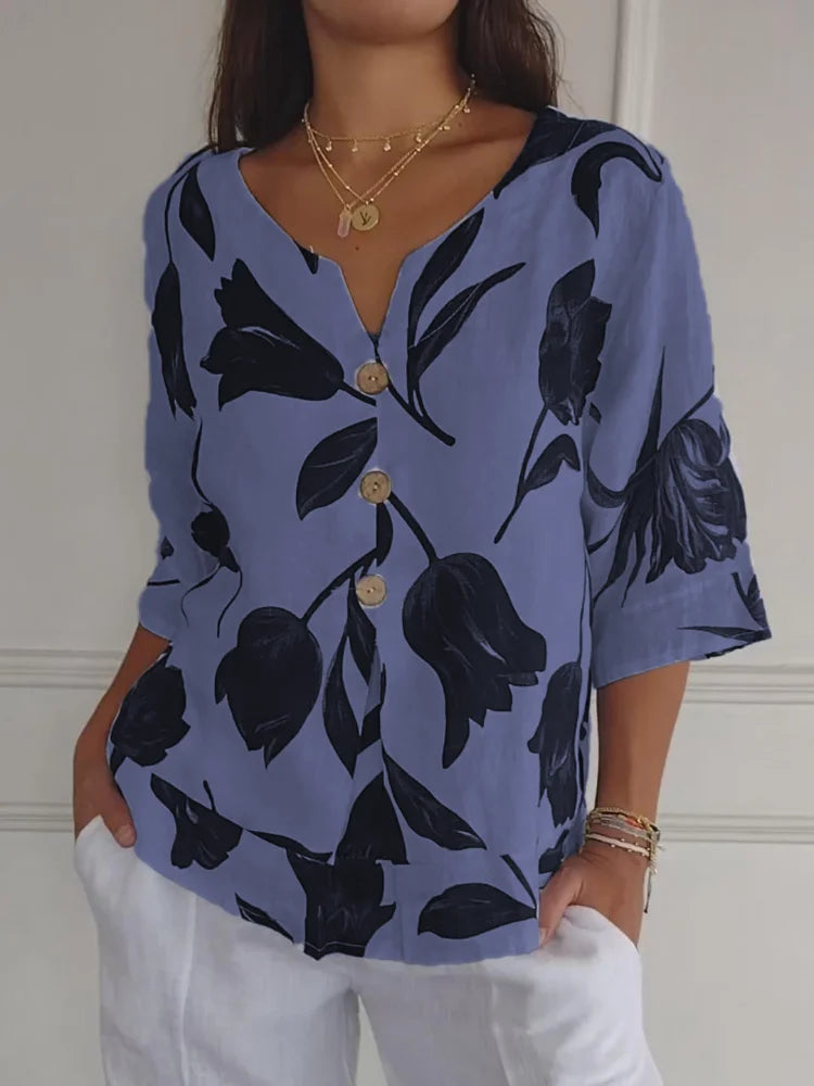 Bluse mit V-Ausschnitt, Knopfleiste und Blumenmuster