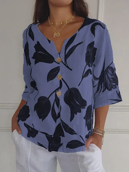 Bluse mit V-Ausschnitt, Knopfleiste und Blumenmuster