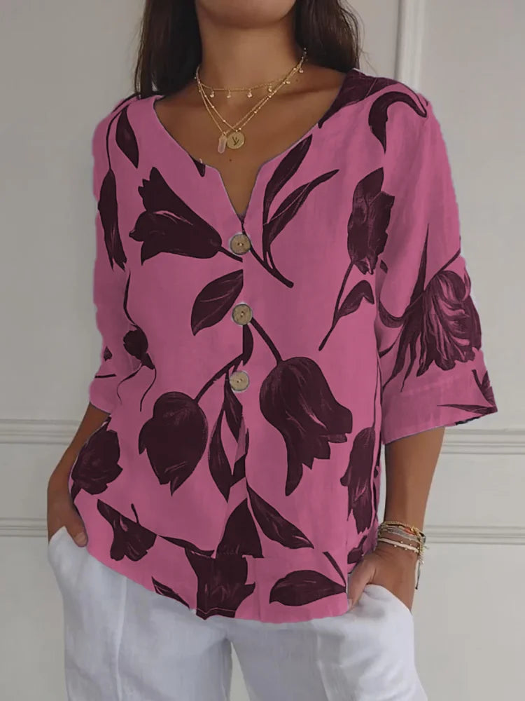 Bluse mit V-Ausschnitt, Knopfleiste und Blumenmuster