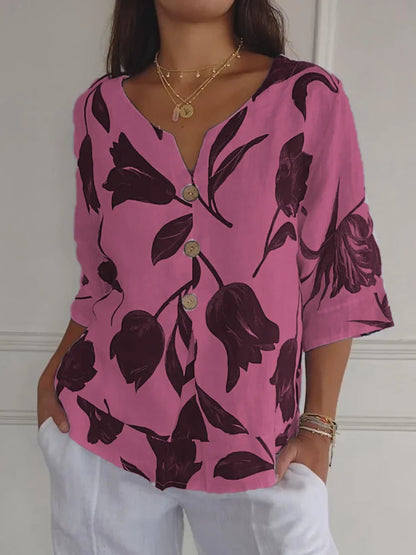 Bluse mit V-Ausschnitt, Knopfleiste und Blumenmuster