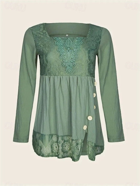Lange Bluse mit Spitze und quadratischem Ausschnitt