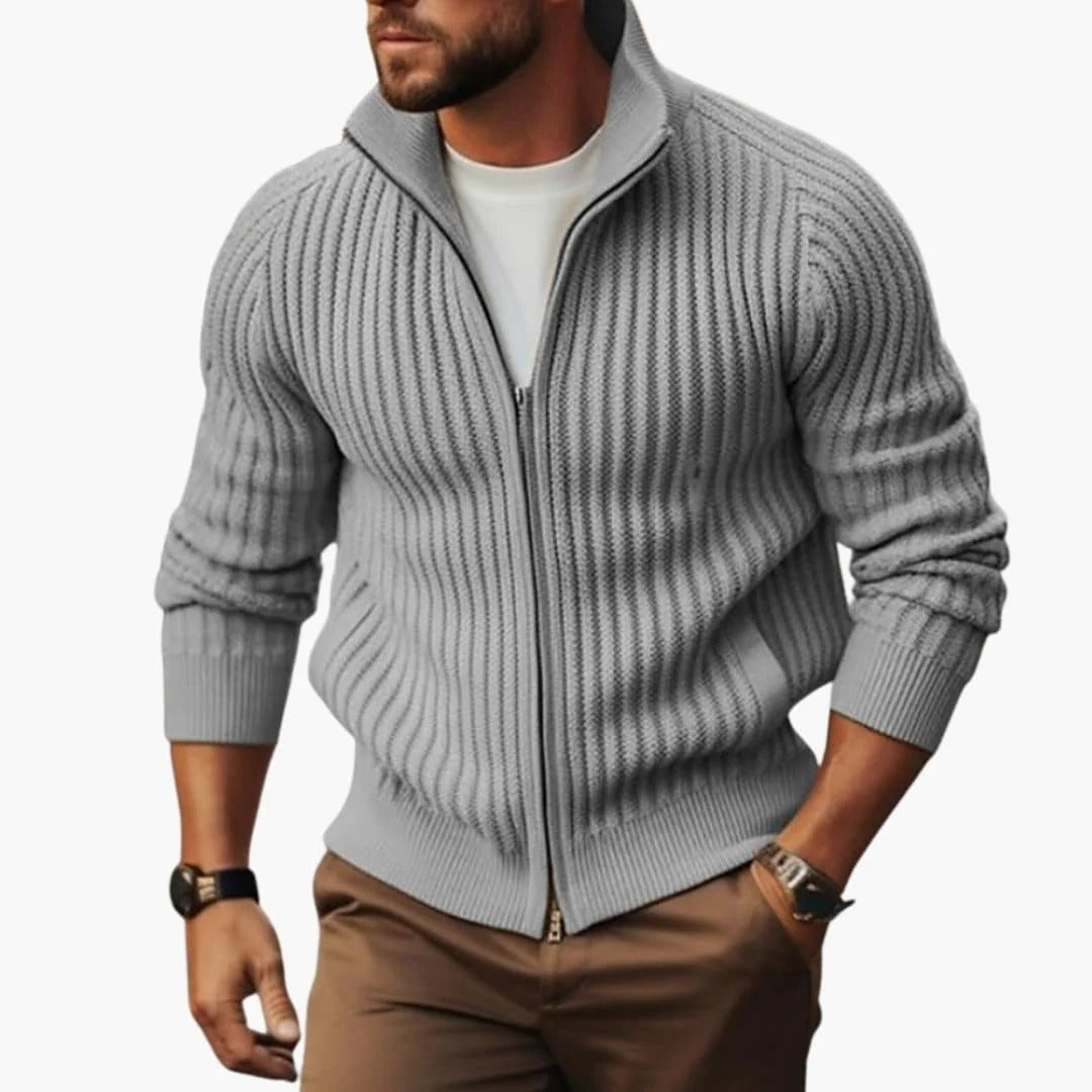 Herren-Strickjacke mit Rippstruktur und Stehkragen