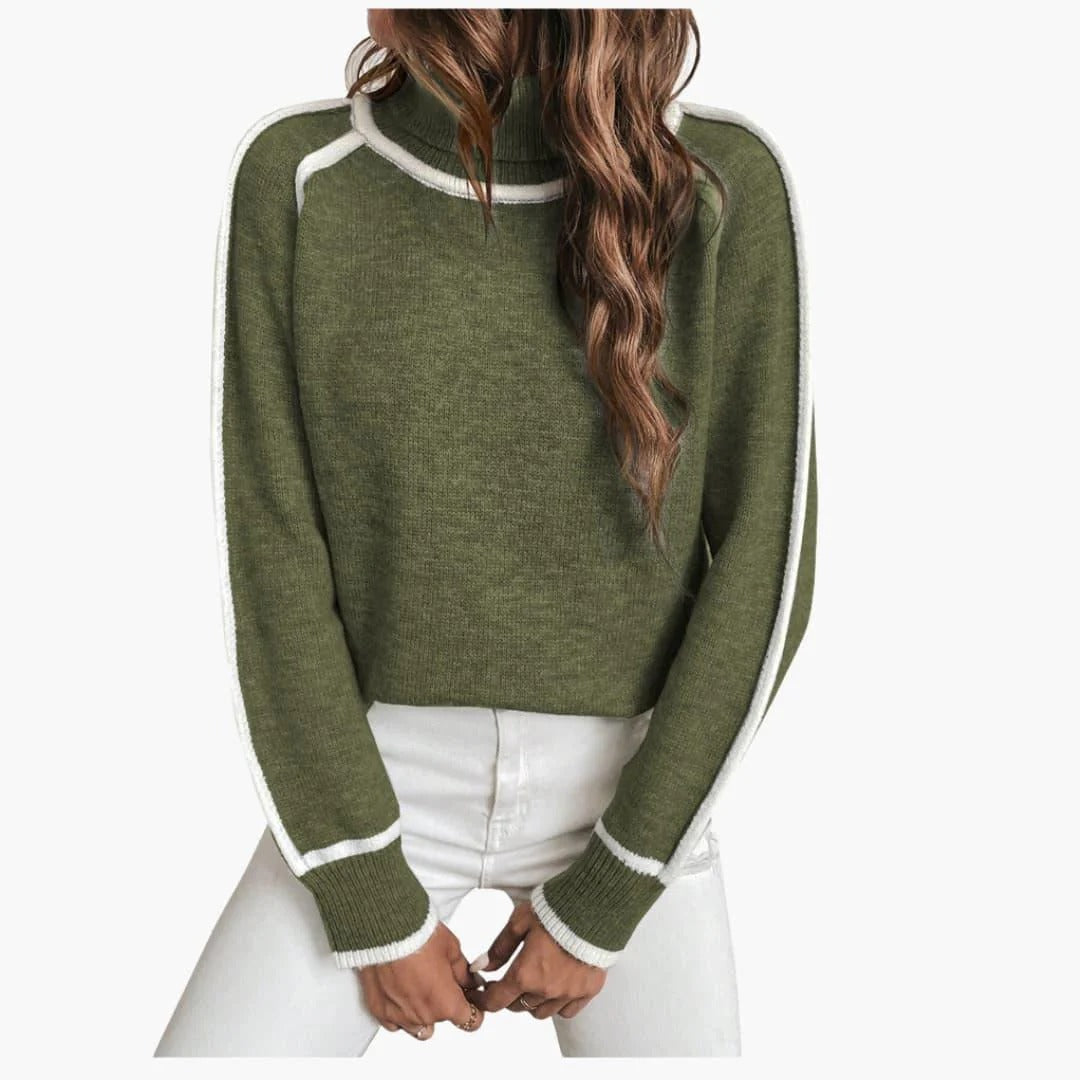 Damen-Strickpullover mit Kontrastdetails und hohem Rundhalsausschnitt