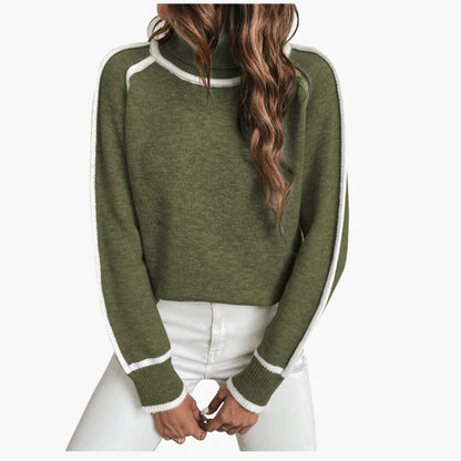 Damen-Strickpullover mit Kontrastdetails und hohem Rundhalsausschnitt