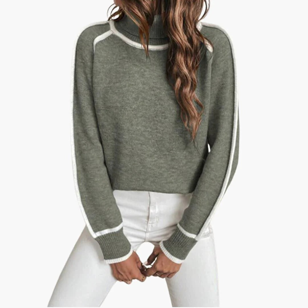 Damen-Strickpullover mit Kontrastdetails und hohem Rundhalsausschnitt