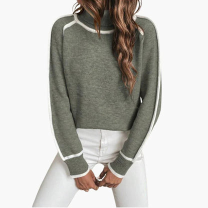 Damen-Strickpullover mit Kontrastdetails und hohem Rundhalsausschnitt