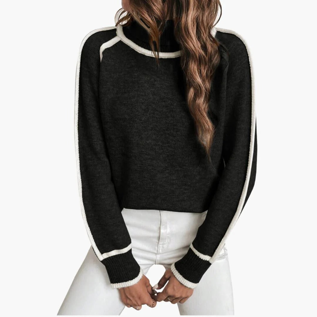 Damen-Strickpullover mit Kontrastdetails und hohem Rundhalsausschnitt