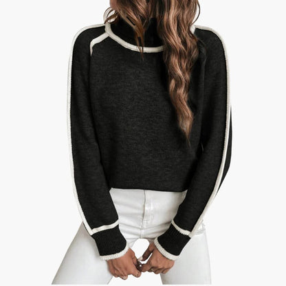 Damen-Strickpullover mit Kontrastdetails und hohem Rundhalsausschnitt