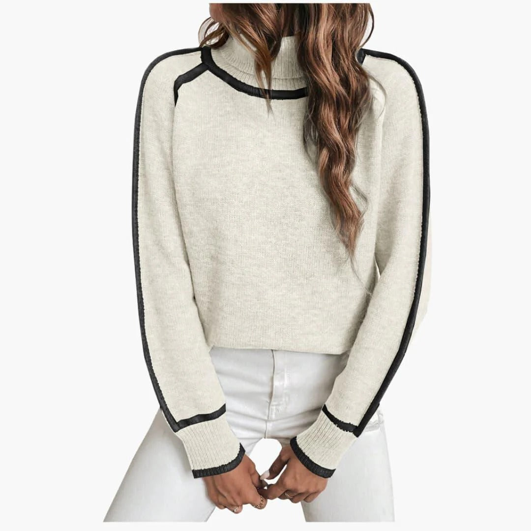 Damen-Strickpullover mit Kontrastdetails und hohem Rundhalsausschnitt