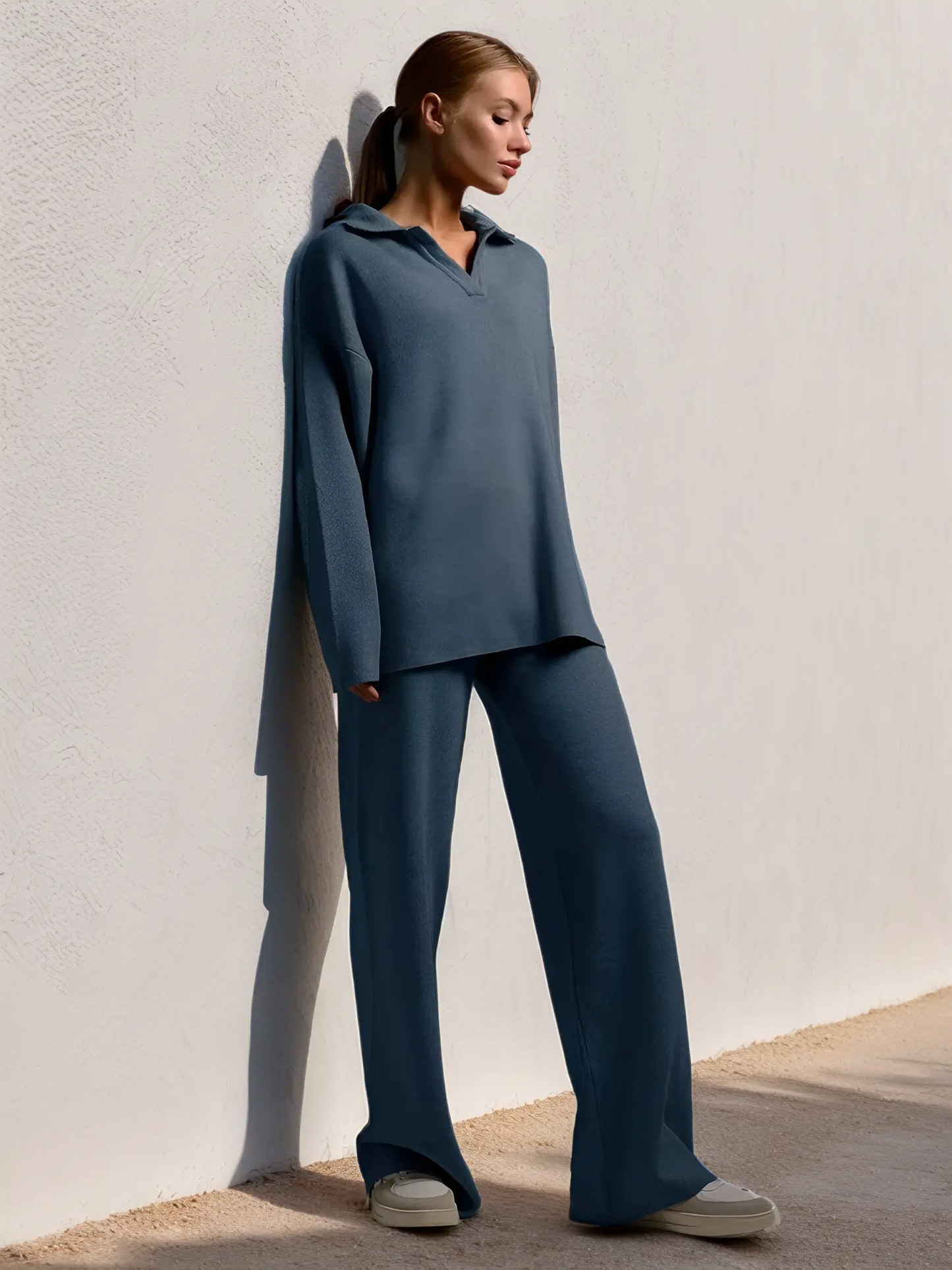 Damen-Zweiteiler mit lockerem Schnitt und Kragenoberteil