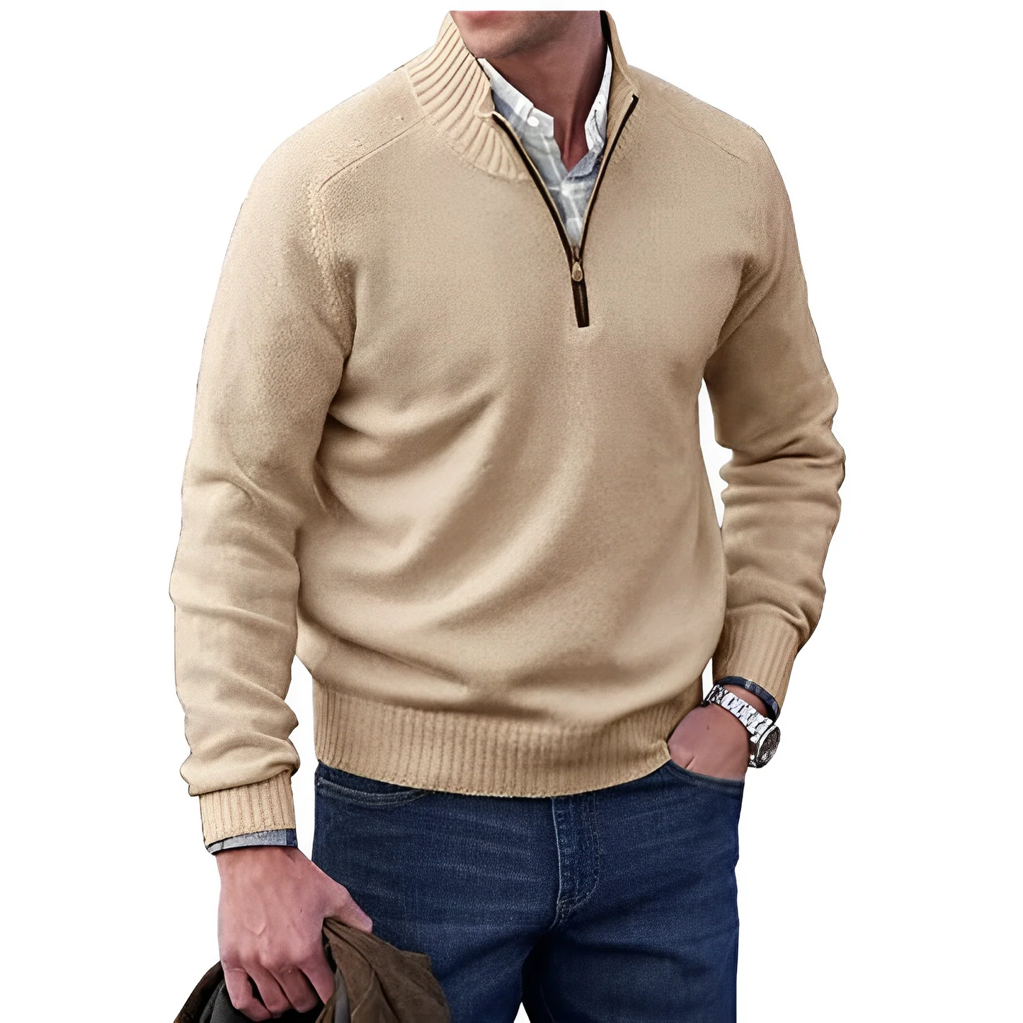 Herrenpullover mit halbem Reißverschluss und Stehkragen