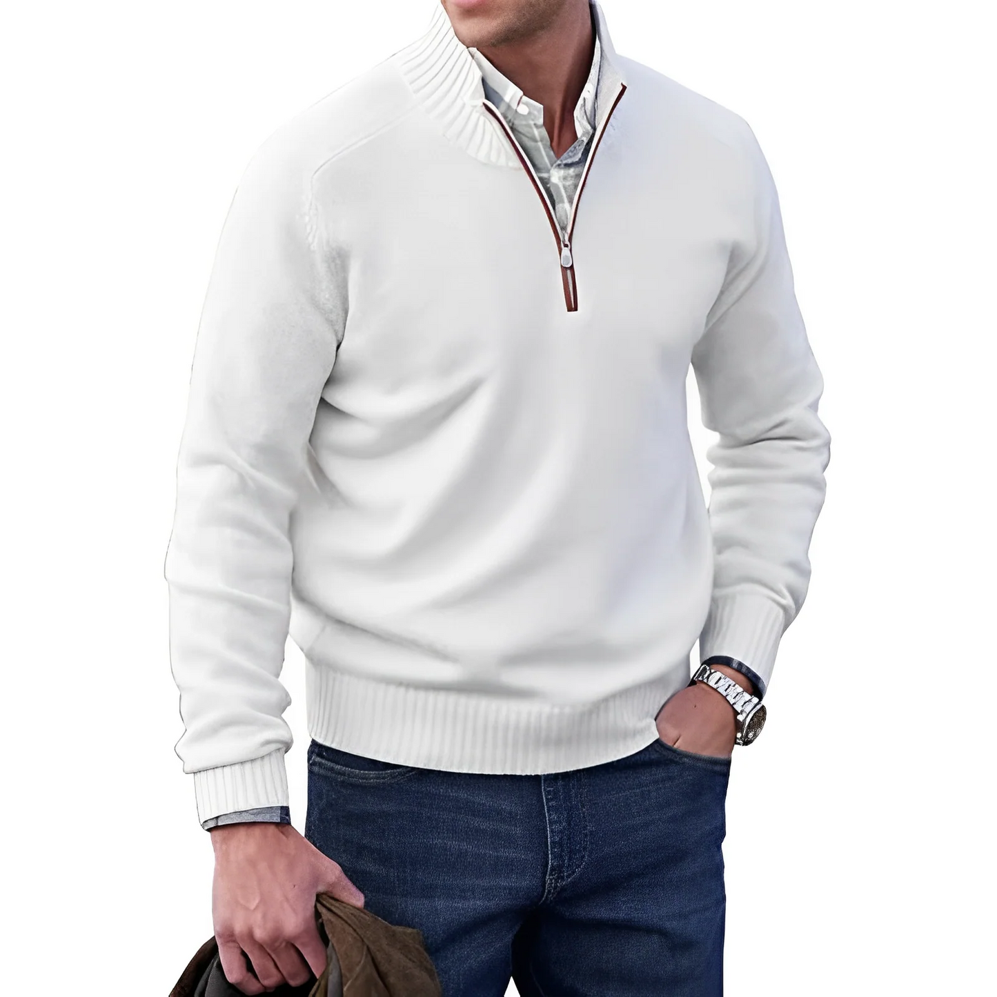 Herrenpullover mit halbem Reißverschluss und Stehkragen