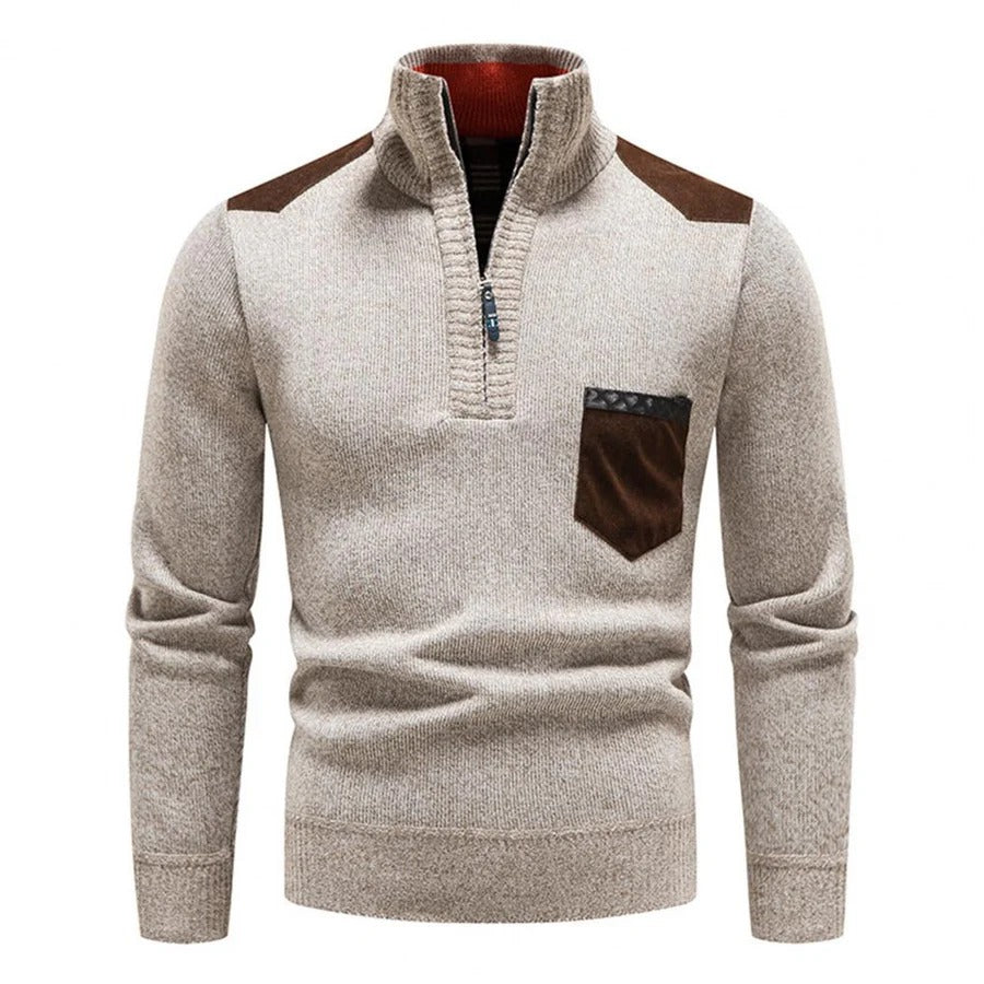 Herren-Strickpullover mit Stehkragen und Brusttasche